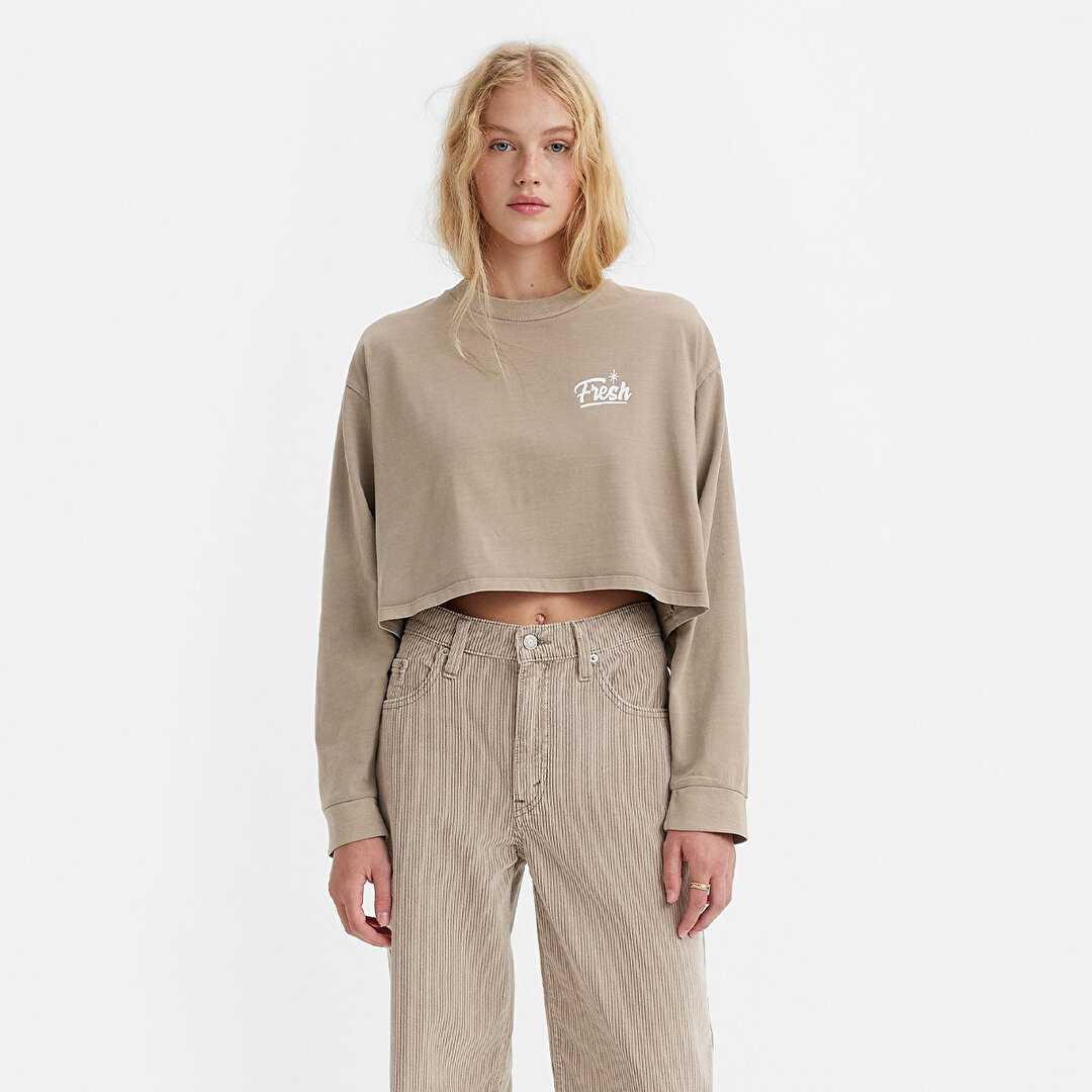 Levi s Crop Reese Fresh Logo Kad n Bej Yuvarlak Yaka Sweatshirt