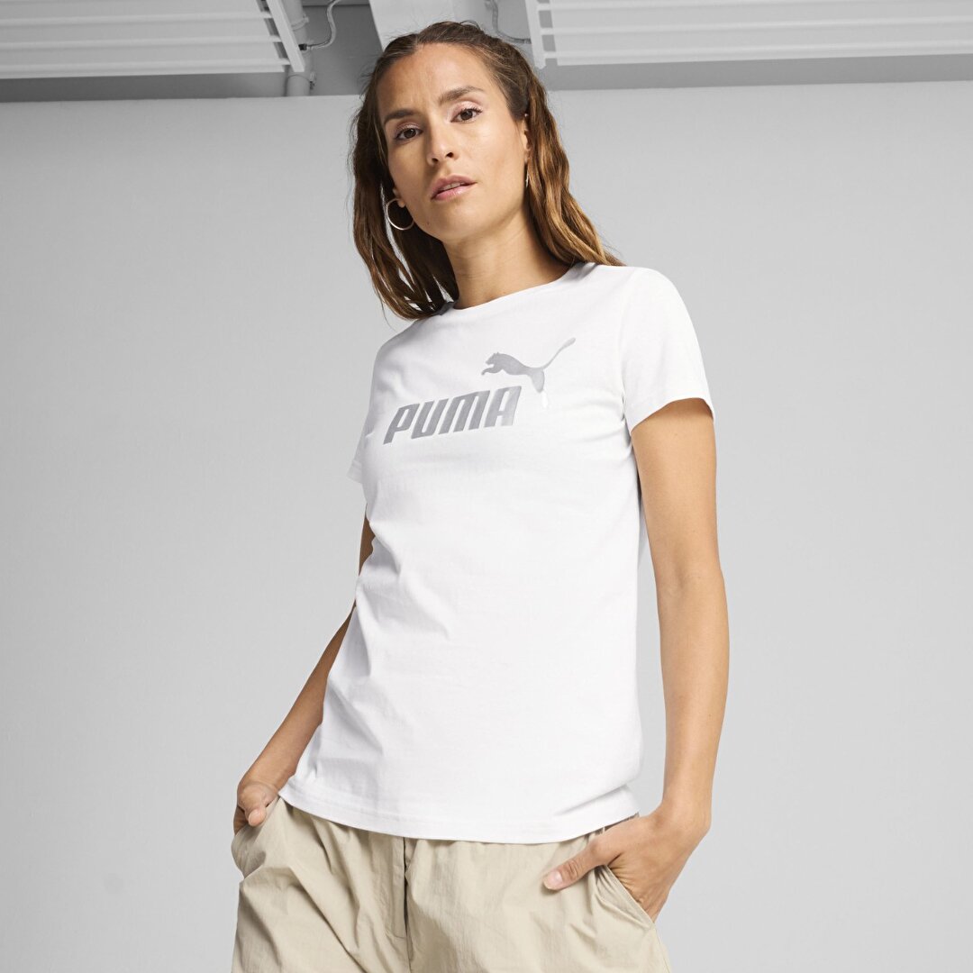 Puma Metallic No 1 Logo Kadın Beyaz Yuvarlak Yaka Tişört -1