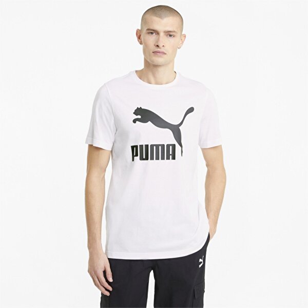 Puma Classics Logo Erkek Beyaz Baskılı Bisiklet Yaka Tişört